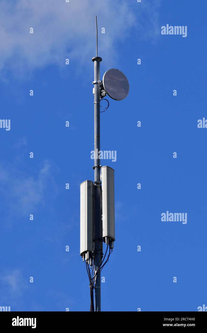Moscow, Russia - May 14. 2021. Base stations for cellular networks on pole Stock Photo