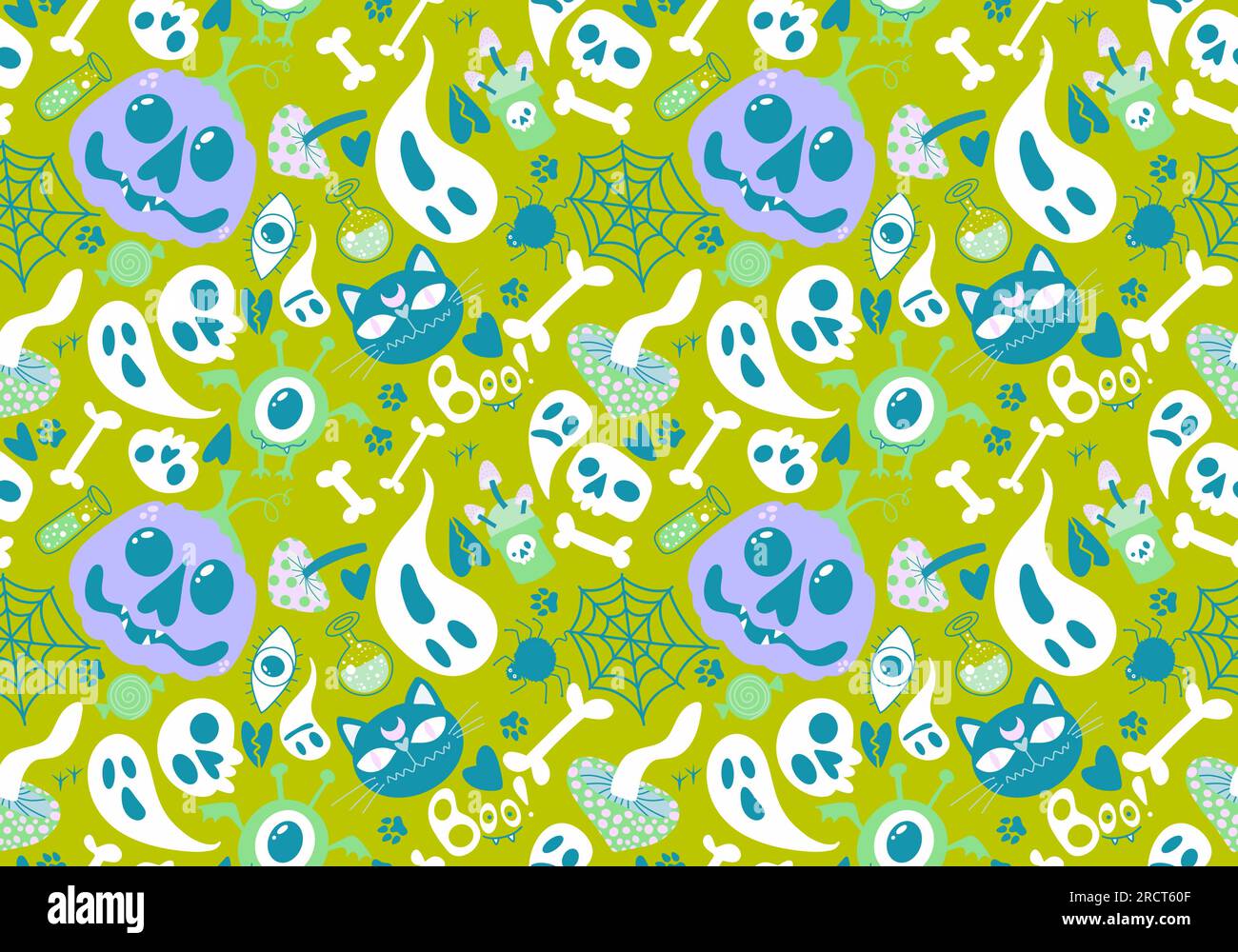 Halloween cartoon pumpkins and cat seamless bones and ghost and ...