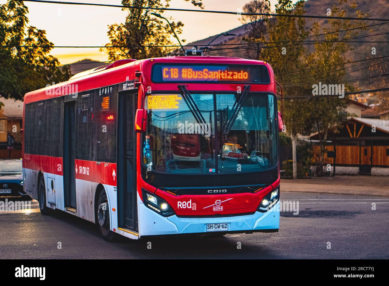 Santiago, Chile - May 11 2023: A public transport Transantiago, or Red Metropolitana de Movilidad, bus doing route C18 Stock Photo