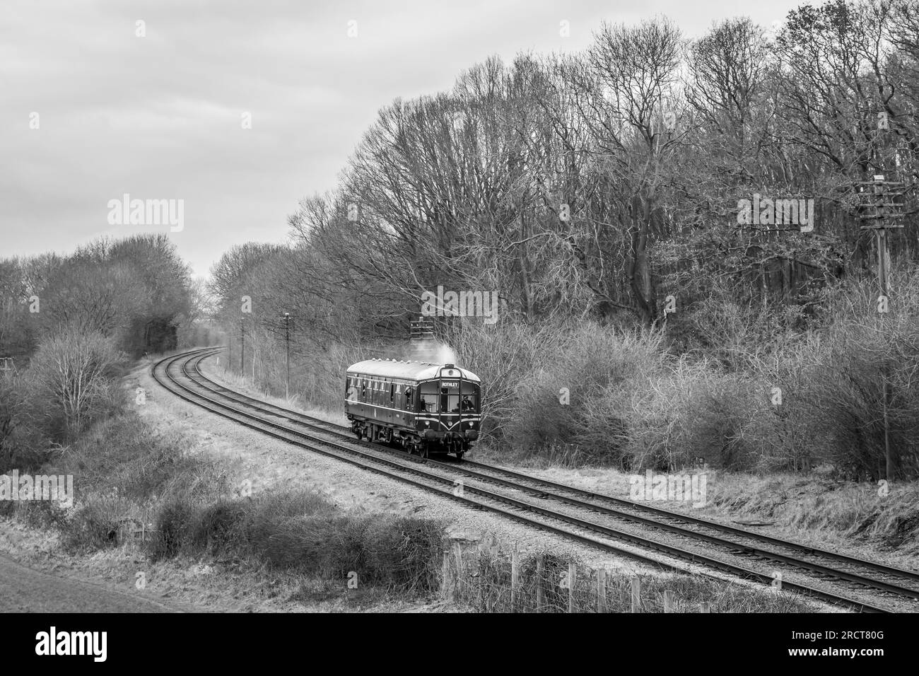 Derby Lightweight Driving Motor Brake Second no. M79900 pass near Kinchley Land on the Great Central Railway, Leicestershire Stock Photo