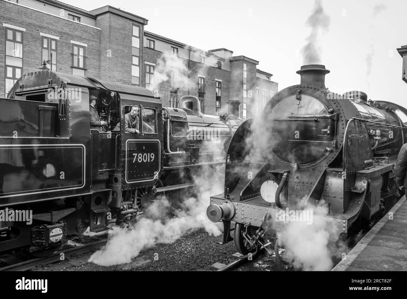 BR '2MT' 2-6-0 No. 78019 and BR 'S15' 4-6-0 No. 506, Loughborough, Great Central Railway, Leicestershire Stock Photo