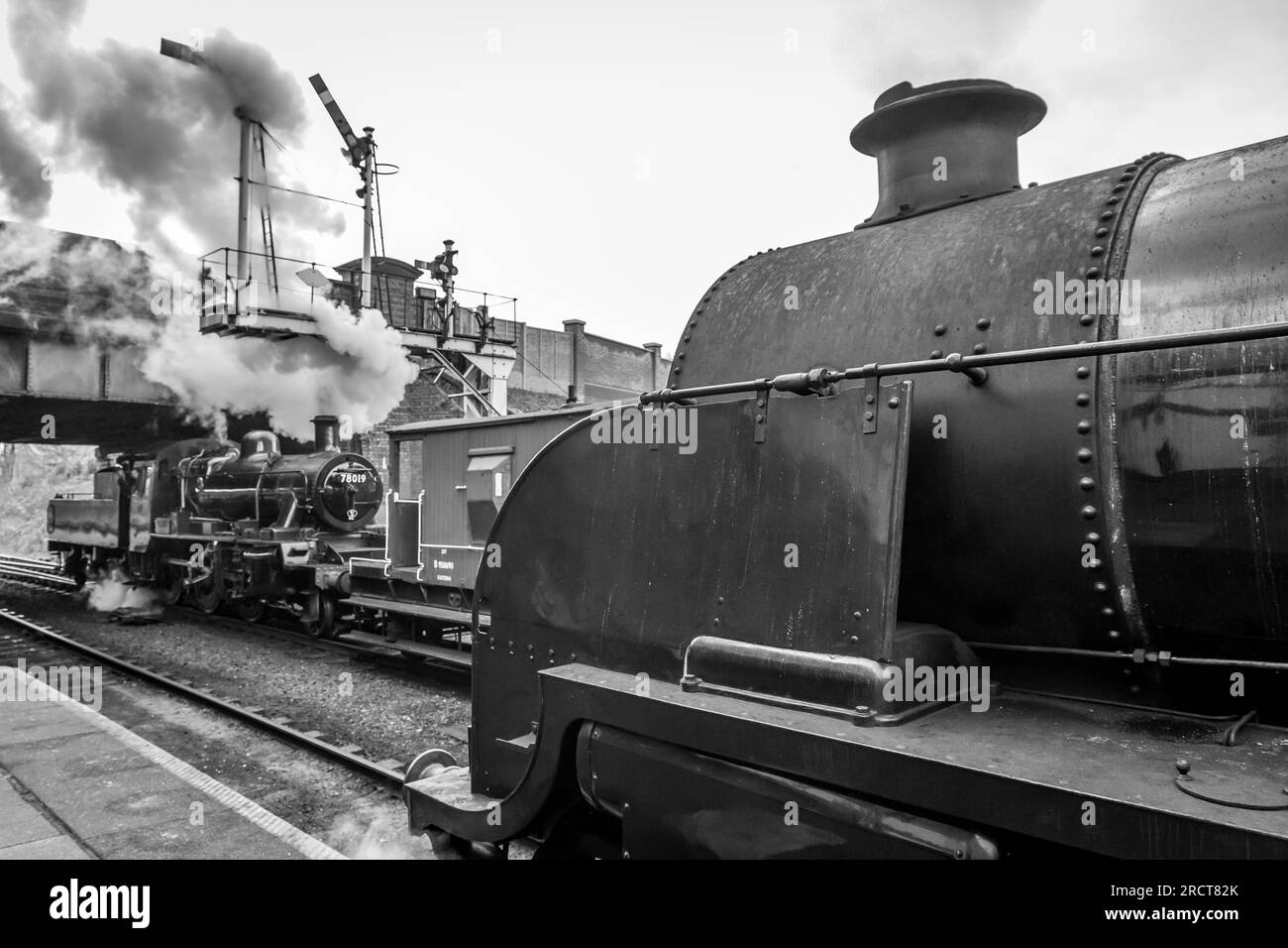 BR '2MT' 2-6-0 No. 78019 and BR 'S15' 4-6-0 No. 506, Loughborough, Great Central Railway, Leicestershire Stock Photo