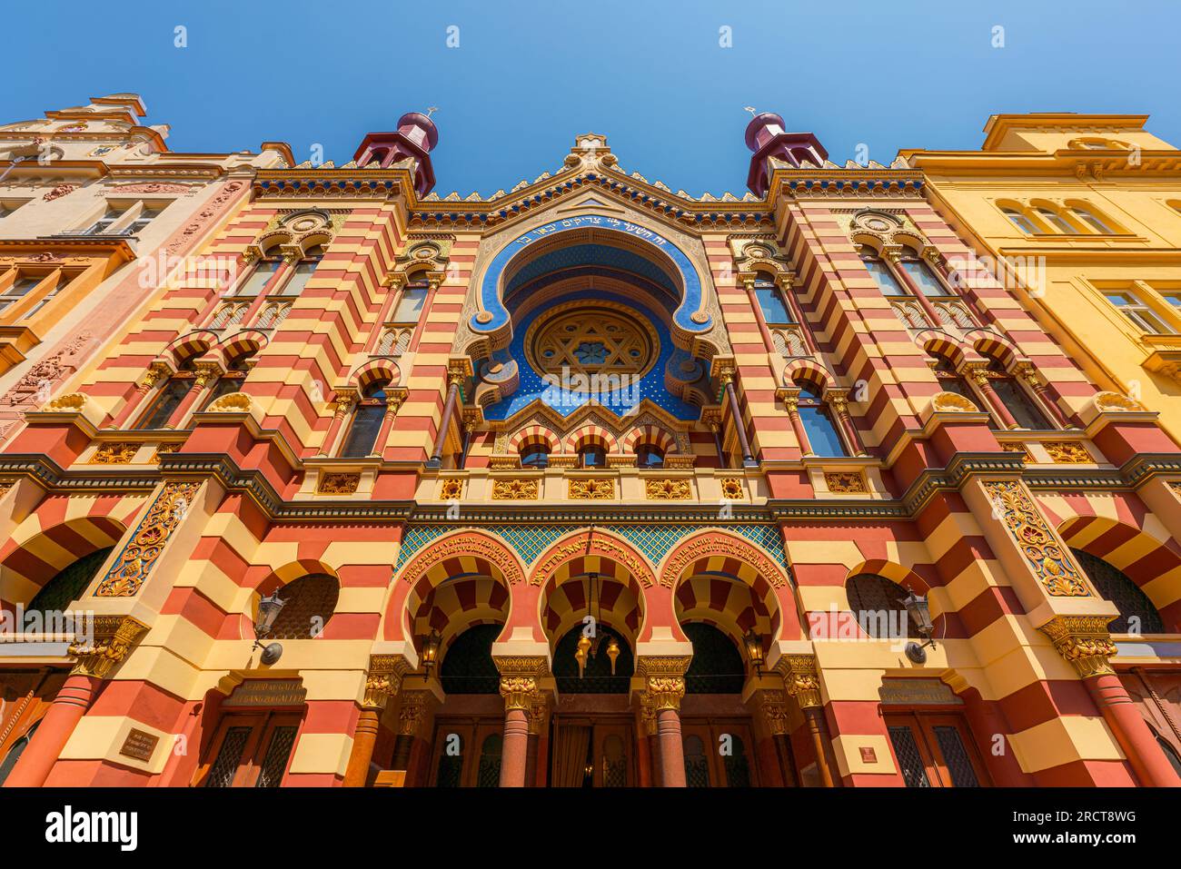 Prague, Czech Republic. July 9, 2023. Low angle view of the Jerusalem Synagogue Stock Photo