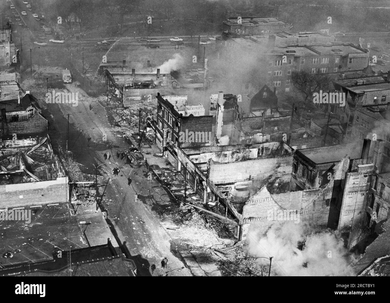 Chicago, Illinois:  April, 1968 The west side of Chicago is on fire during riots following the assassination of civil rights leader Martin Luther King. Stock Photo