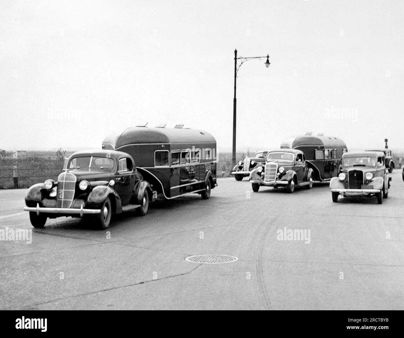 United States:  1936 Curtis Aerocar trailers on the highway. Stock Photo