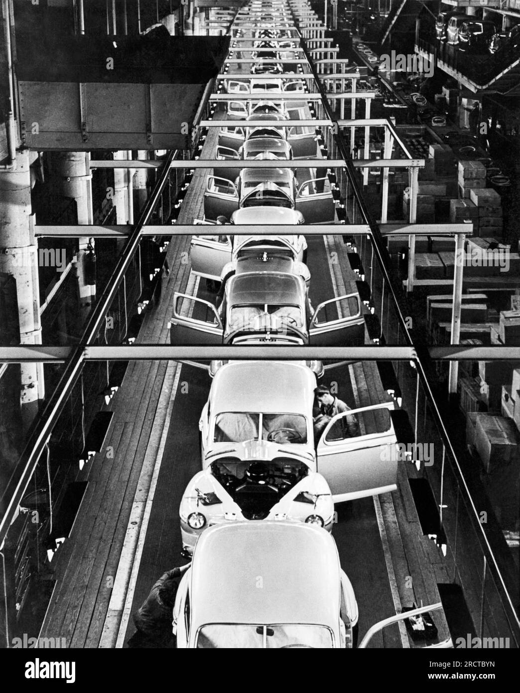 Dearborn, Michigan:  May, 1946 1946 Mercurys running off the assembly line at the Ford Motor Company's Rouge plant. Stock Photo