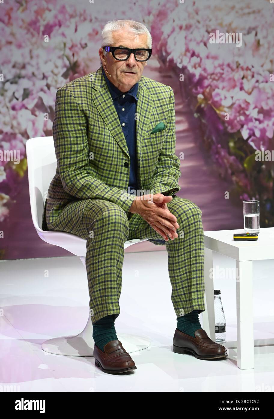 London, UK. 16th July, 2023. Fireside Chat: Eric Musgrave talks with George Davies at Pure London, London Olympia in London, UK. 16th July, 2023. Credit: See Li/Picture Capital/Alamy Live News Stock Photo