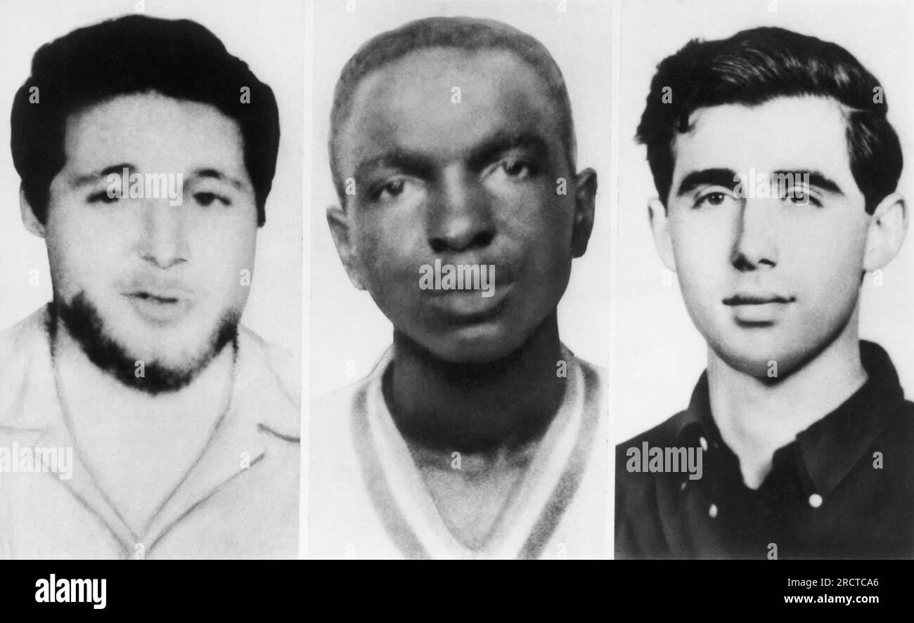 Philadelphia, Mississippi:  June 24, 1964 L-R:  Michael Schwerner, James Chaney and Andrew Goodman were three C.O.R.E. civil rights workers who were murdered in Mississippi by members of the Ku Klux Klan. Stock Photo
