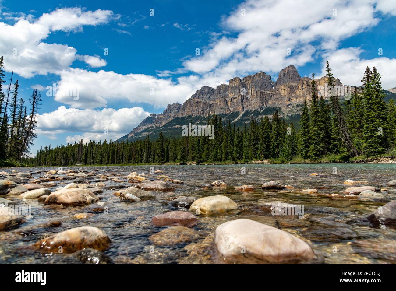 Panoramic scenery in Banff National Park at Castle Mountain with blue ...