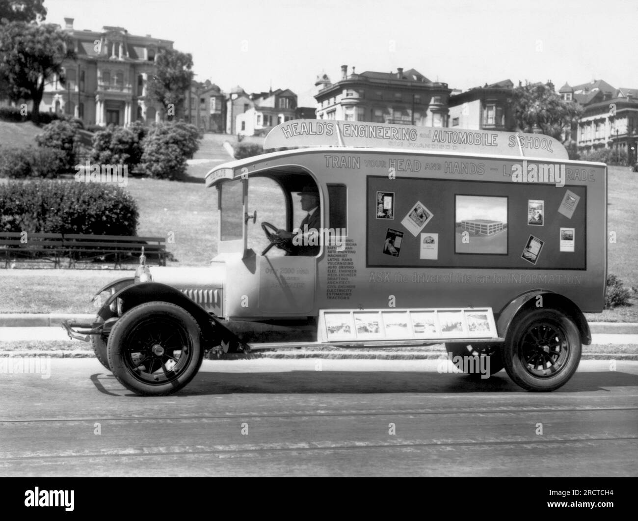 San Francisco, California:  c. 1922 A truck advertising Heald's Engineering and Automobile School. Stock Photo