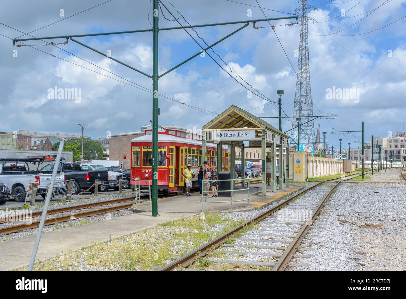 NEW ORLEANS, LA, USA - APRIL 24, 2022: Loyola-Union Passenger Terminal Line at the Bienville Street Stop at the edge of the French Quarter with people Stock Photo