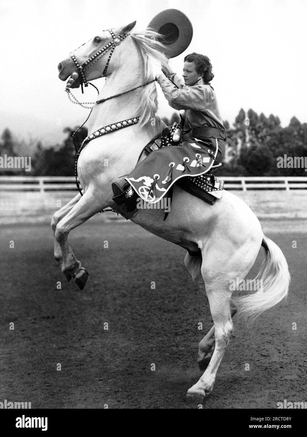 Santa Barbara, California:  1934. A 21 year old cowgirl from Santa Barbara who will participate in the annual California Rodeo at Salinas this year. Stock Photo