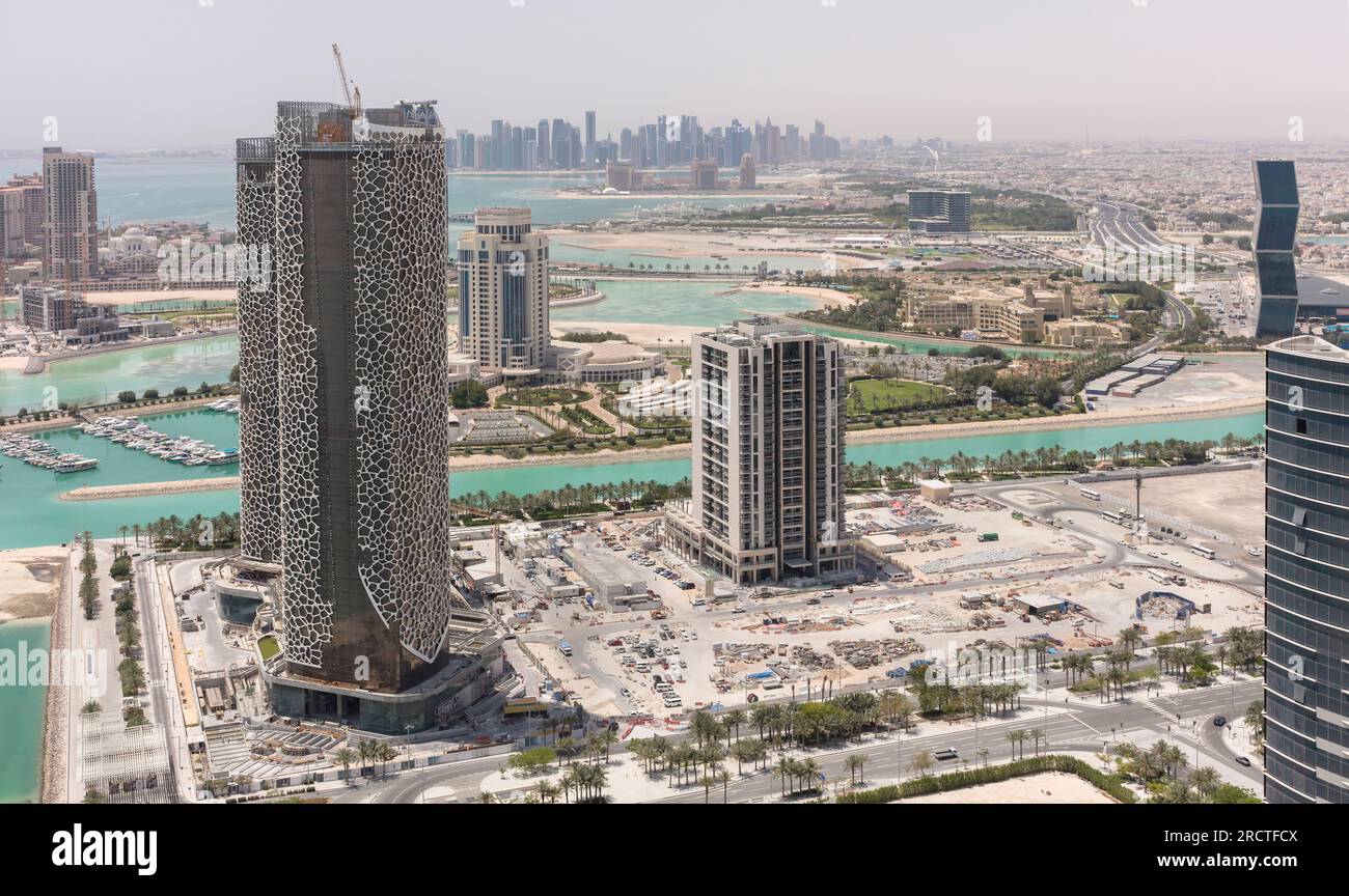Doha, Qatar cityscape skyline viewed from construction area Lusail marina Stock Photo