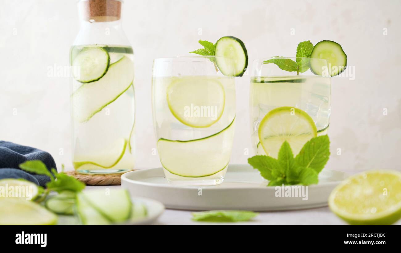 Water flavored with lemon, cucumber and lemongrass leaves Stock Photo