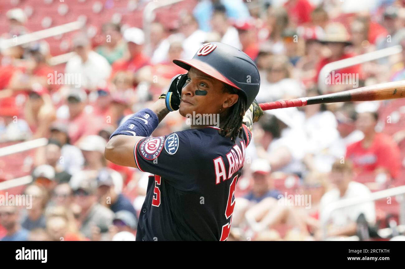 Milwaukee, WI USA; Washington Nationals shortstop CJ Abrams (5) hits a ball  deep during an MLB game against the Milwaukee Brewers on Sunday, September  17, 2023 at American Family Field. The Nationals