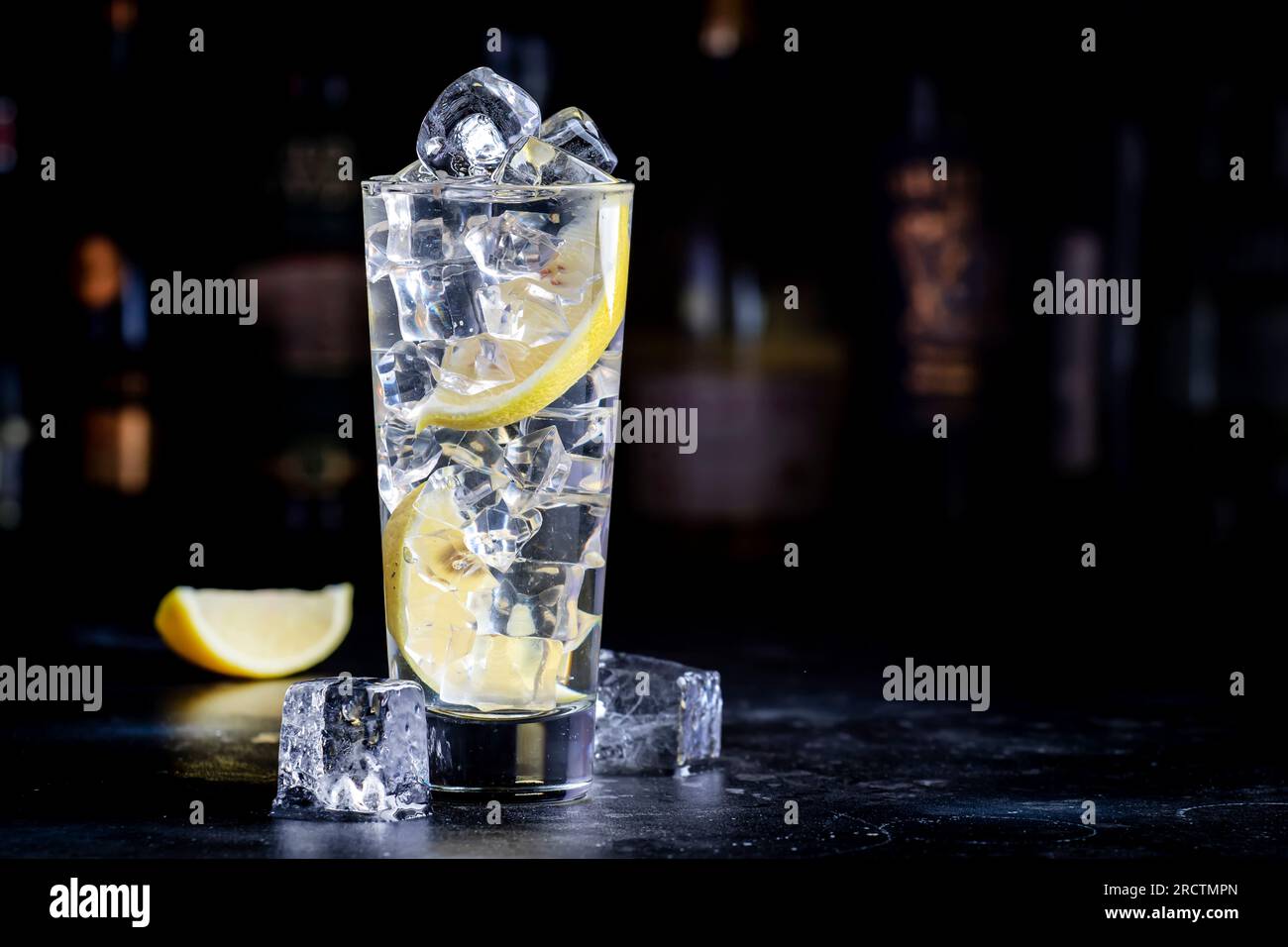 Vodka tonic alcoholic cocktail drink with cold vodka, lemon juice
