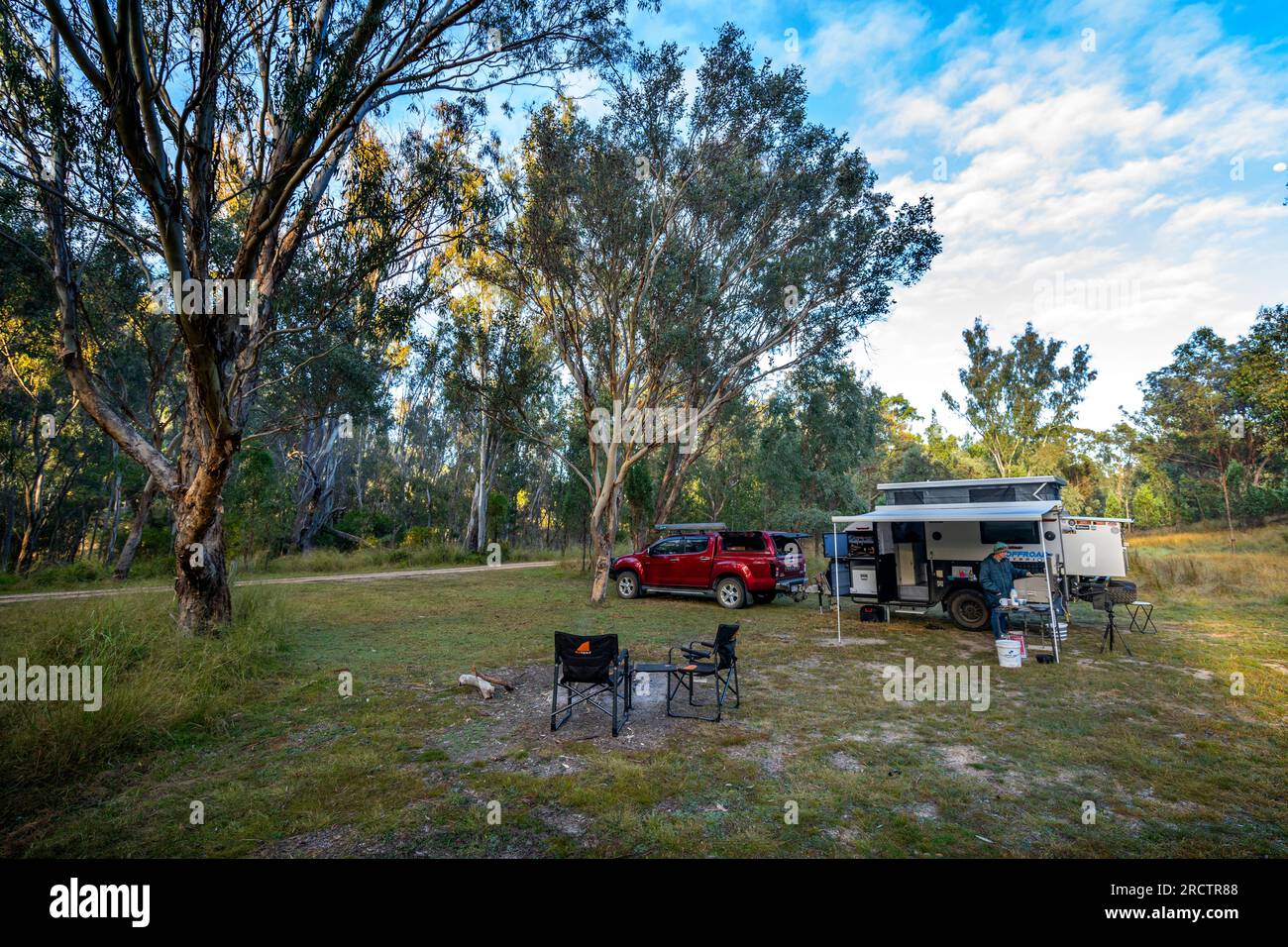Car and caravan set up in campsite, Broadwater Campground, Sundown National Park, Queensland