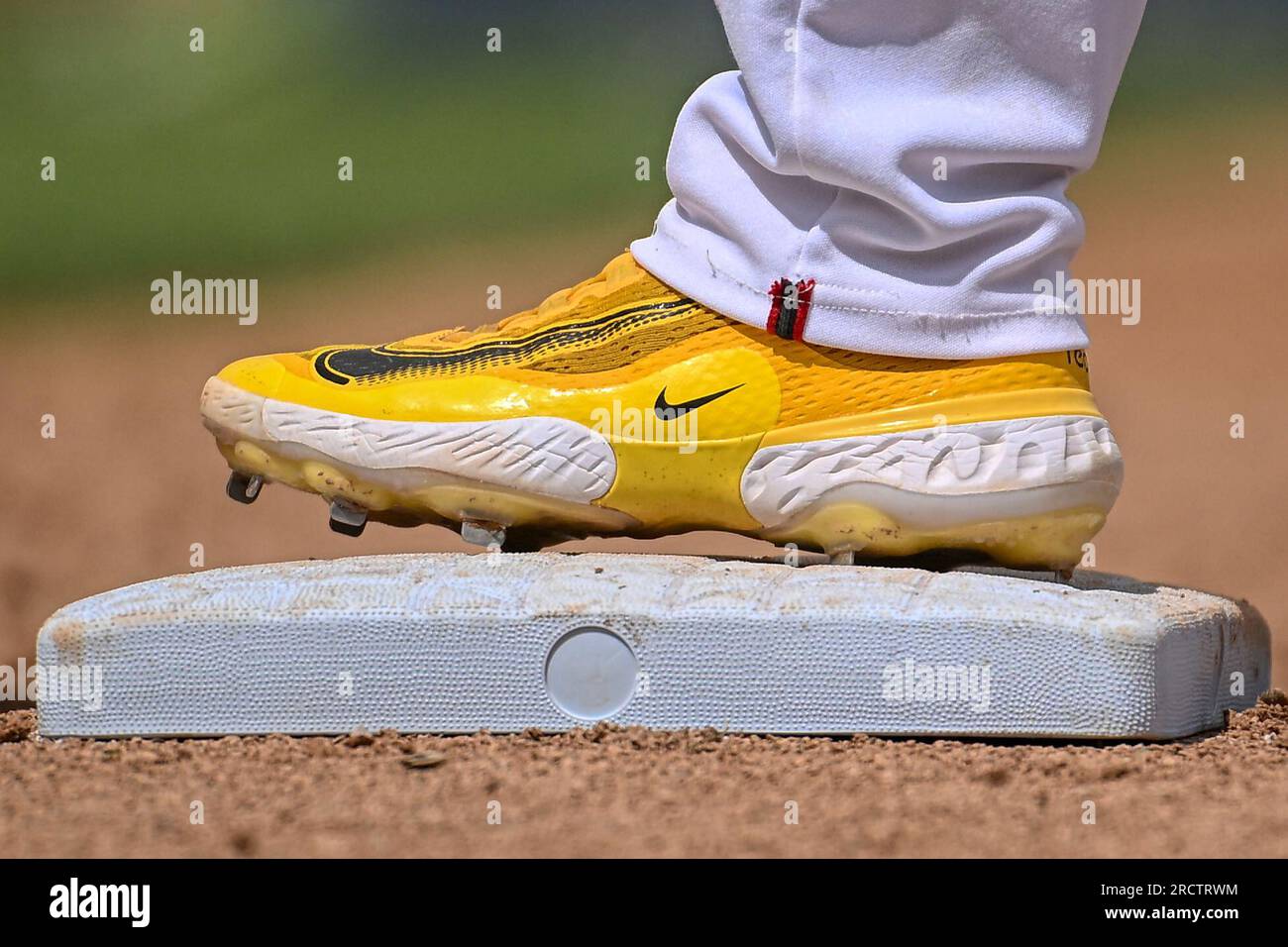 A runner's colorful shoe during the FM Redhawks game against the Sioux City Explorers in American Association professional baseball at Newman Outdoor Field in Fargo, ND on Sunday, July 16, 2023. Sioux City won 7-2.Photo by Russell Hons/CSM (Credit Image: © Russell Hons/Cal Sport Media) Stock Photo