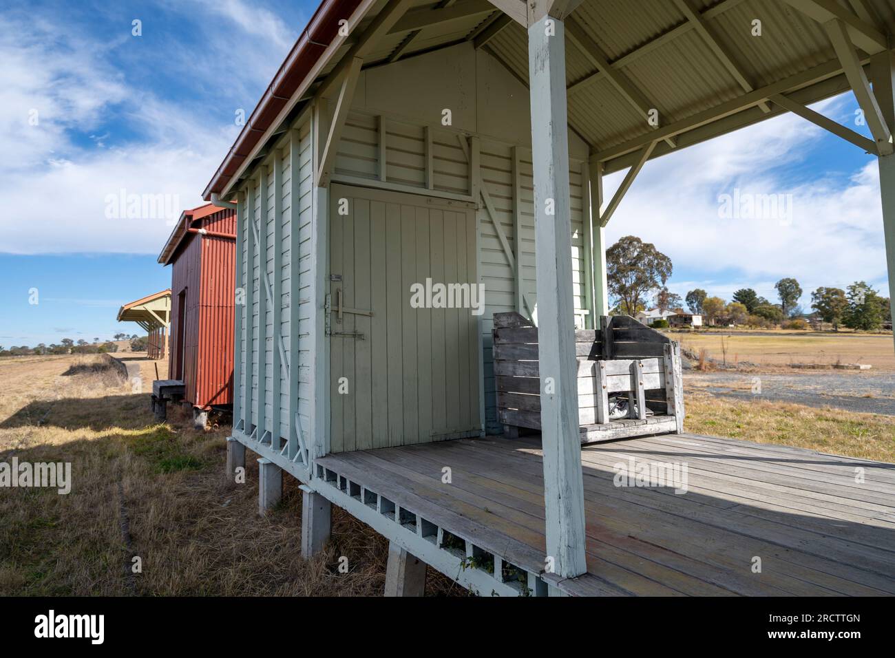 Disused railway goods sheds at historic Wallangarra Railway Station, Wallangarra, Queensland New South Wales border, Queensland, Australia Stock Photo