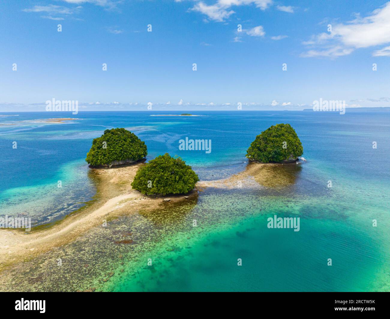 Drone footage of beautiful islets. Island with Beach. Surigao del Sur. Mindanao, Philippines. Stock Photo