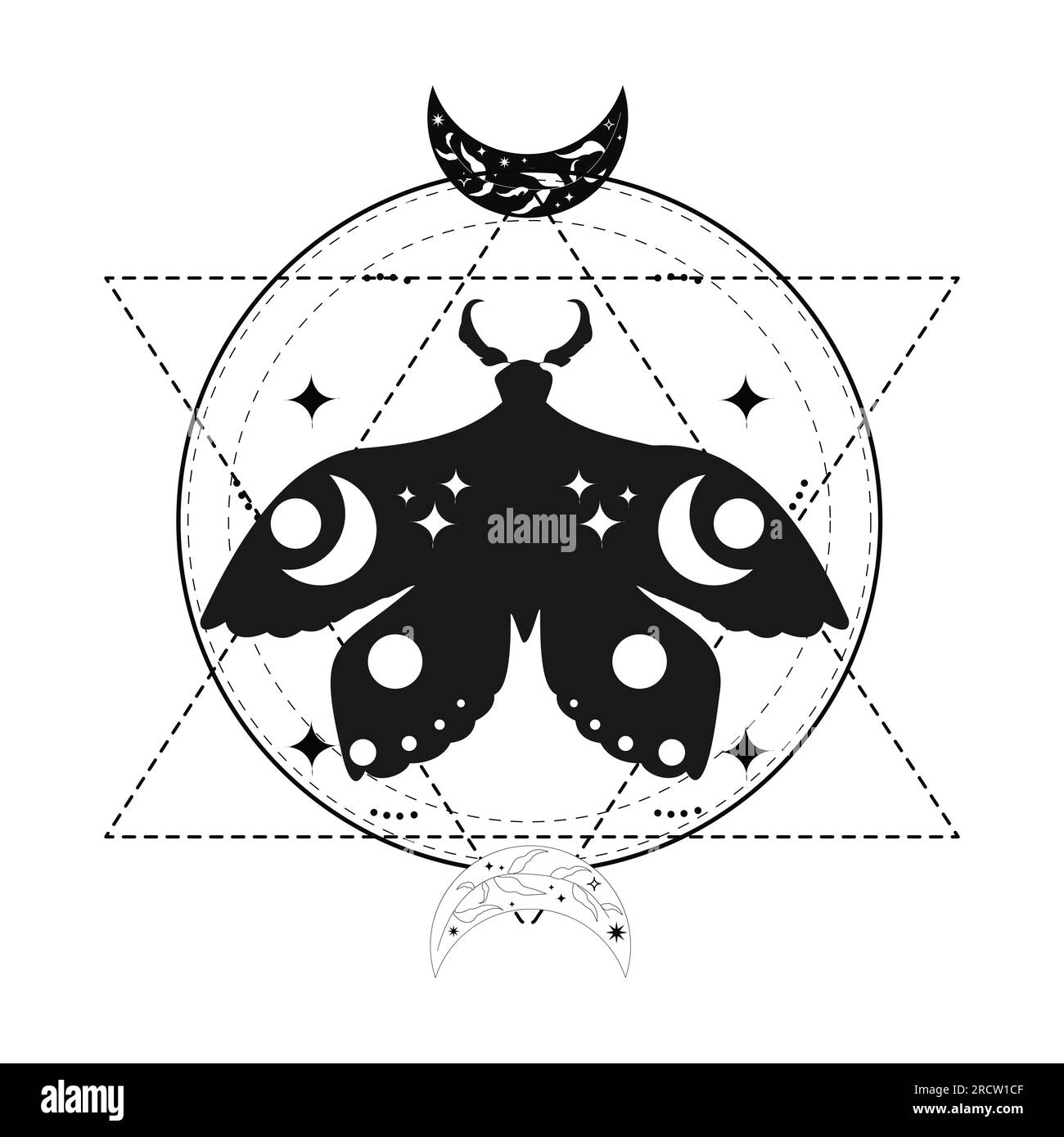 Magic mystic moth silhouette with moon in doodle style, line art ...