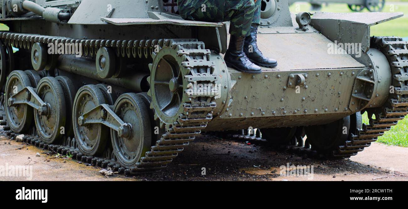 Close-up of the caterpillar of a military tank Stock Photo