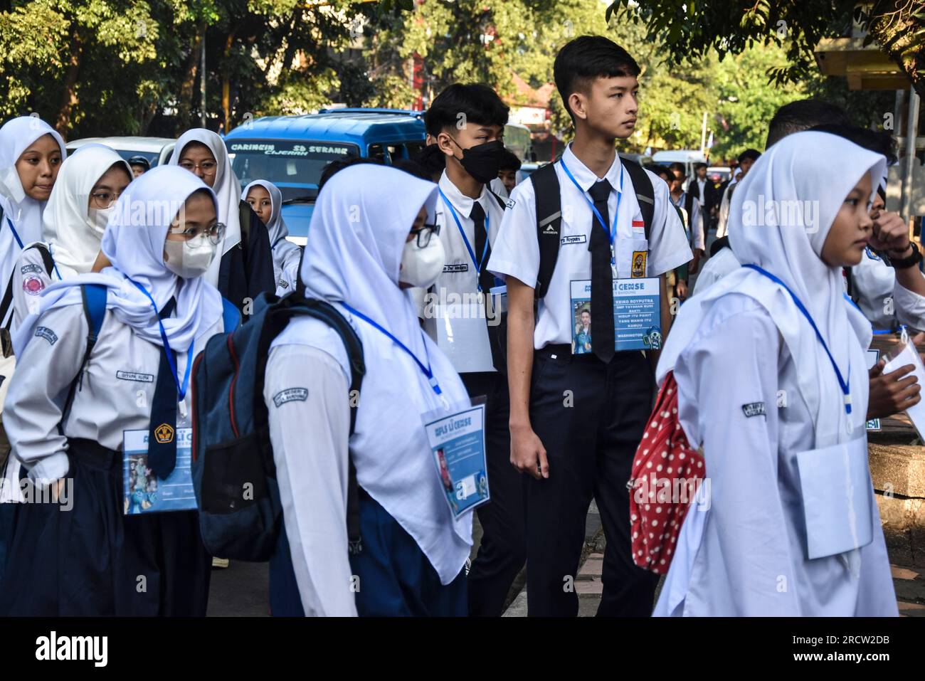 Bandung, West Java, Indonesia. July 17, 2023. A number of Vocational High School (SMK) students walked in to take part in the School Environment Introduction Period (MPLS) activities at SMK 12 Bandung. The first day of school for the 2023-2024 school year started earlier this week to get to know the school environment, teachers and education staff. Credit: Dimas Rachmatsyah/Alamy Live News Stock Photo