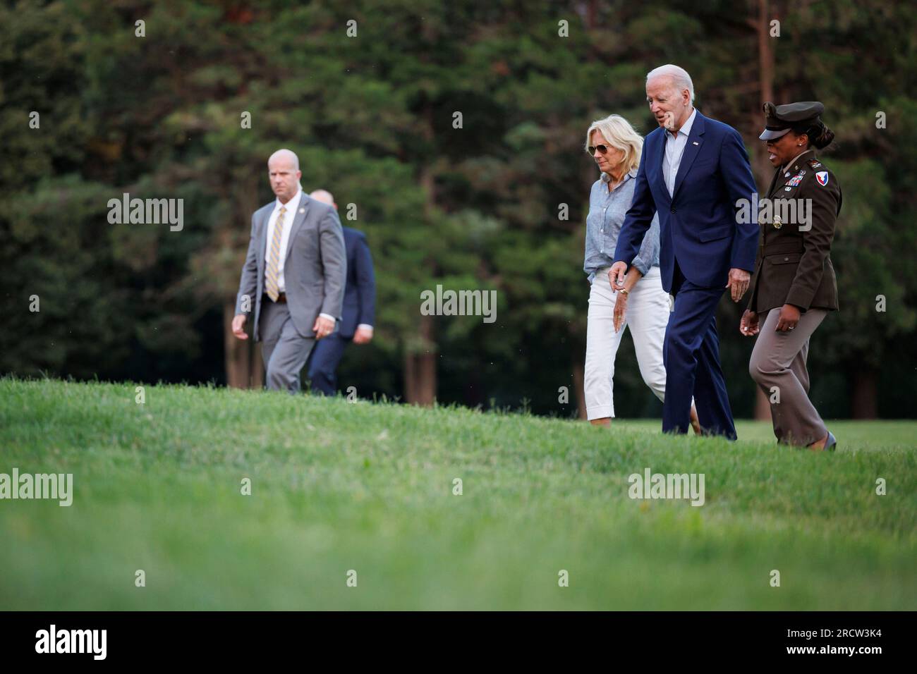 Washington, United States. 16th July, 2023. US President Joe Biden and First Lady Jill Biden arrive at Fort Lesley J. McNair in Washington, DC on Sunday, July 16, 2023. A federal appeals court on Friday temporarily halted an order that would bar Biden administration officials from communicating with major social media companies while it considers the government's request for a longer-term pause. Photo by Ting Shen/UPI Credit: UPI/Alamy Live News Stock Photo