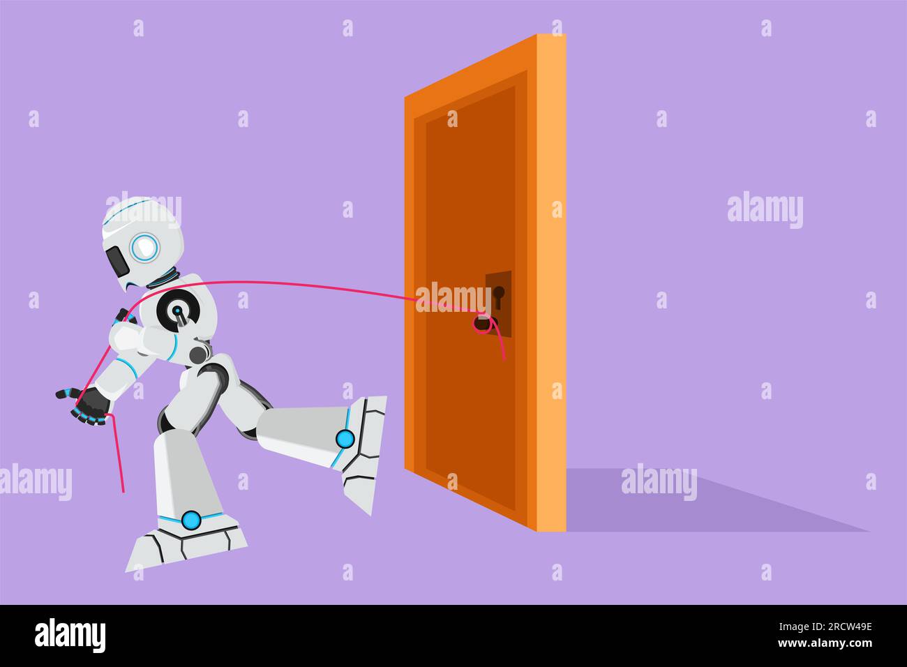 Cartoon flat style drawing robot trying hard to pulling heavy door ...