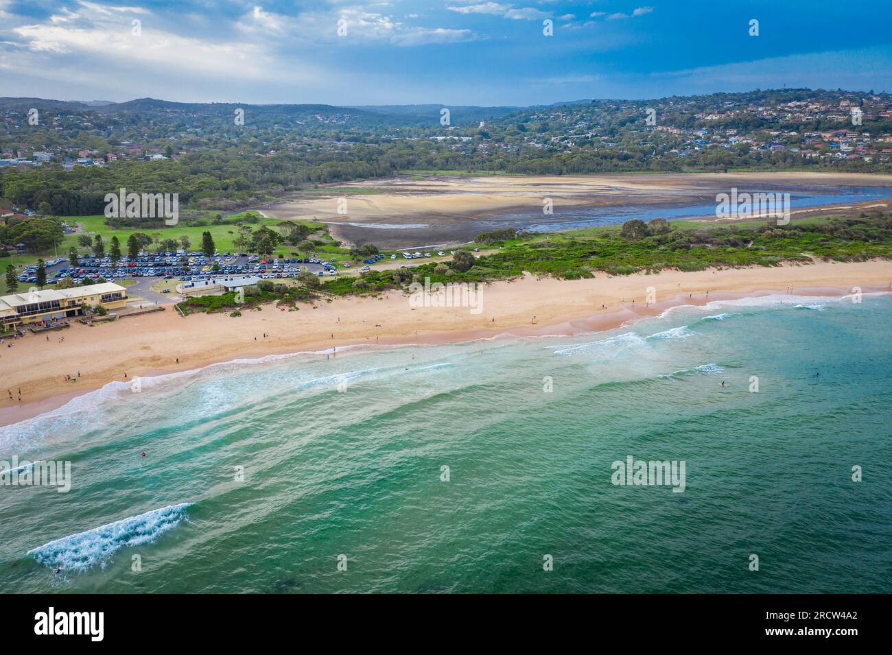 Panoramic drone aerial view over Dee Why beach and Dee Why lagoon