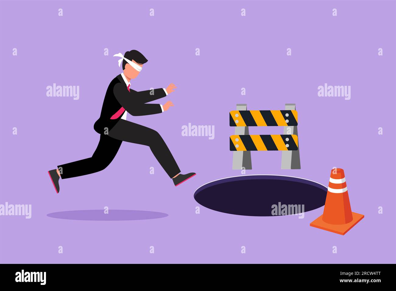 Cartoon flat style drawing blindfolded young businessman running to find money with pit hole. Male manager runs to business trap. Blind investment met Stock Photo