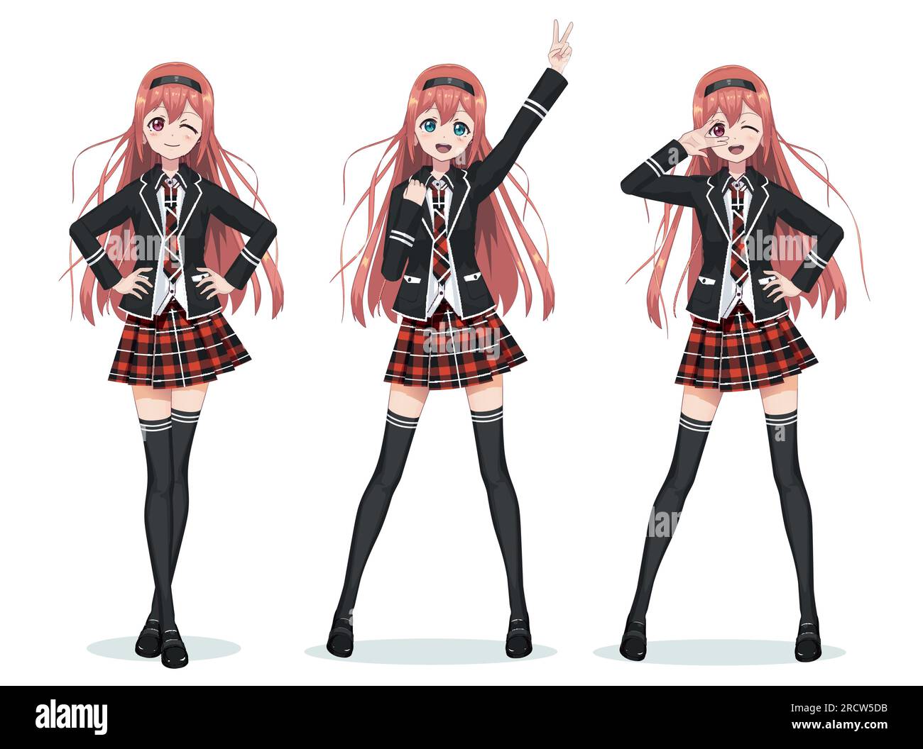 Anime girls. Beautiful japanese manga schoolgirls in uniform, lolita style  dress, overalls and hoodie. Happy kawaii female poses vector set Stock  Vector