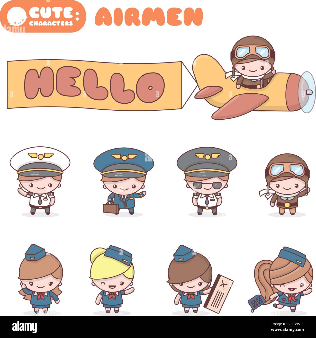 Cute Chibi Kawaii Characters Profession Set Airmen Flat Cartoon Style