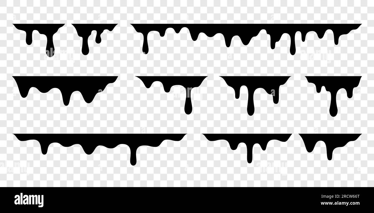 Black melt drips or liquid paint drops. Vector graffiti splatter splash or chocolate syrup and