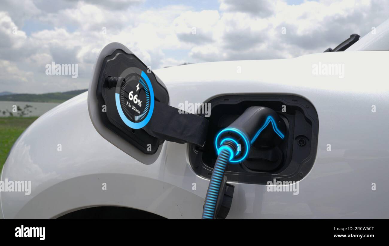 Electric car plug in with charging station, recharge battery by EV
