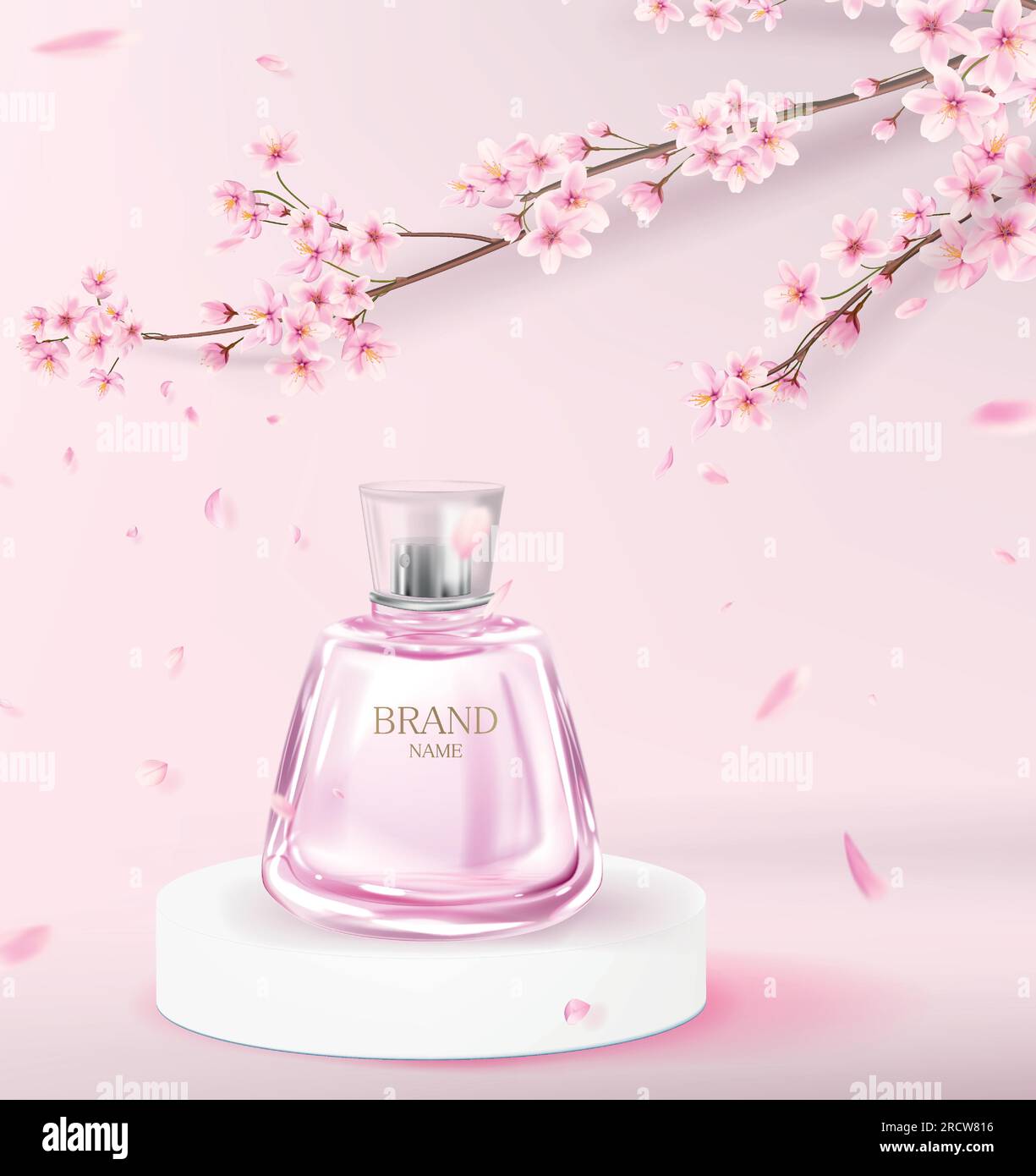 Realistic pink perfume bottle on the catwalk to advertise a perfume