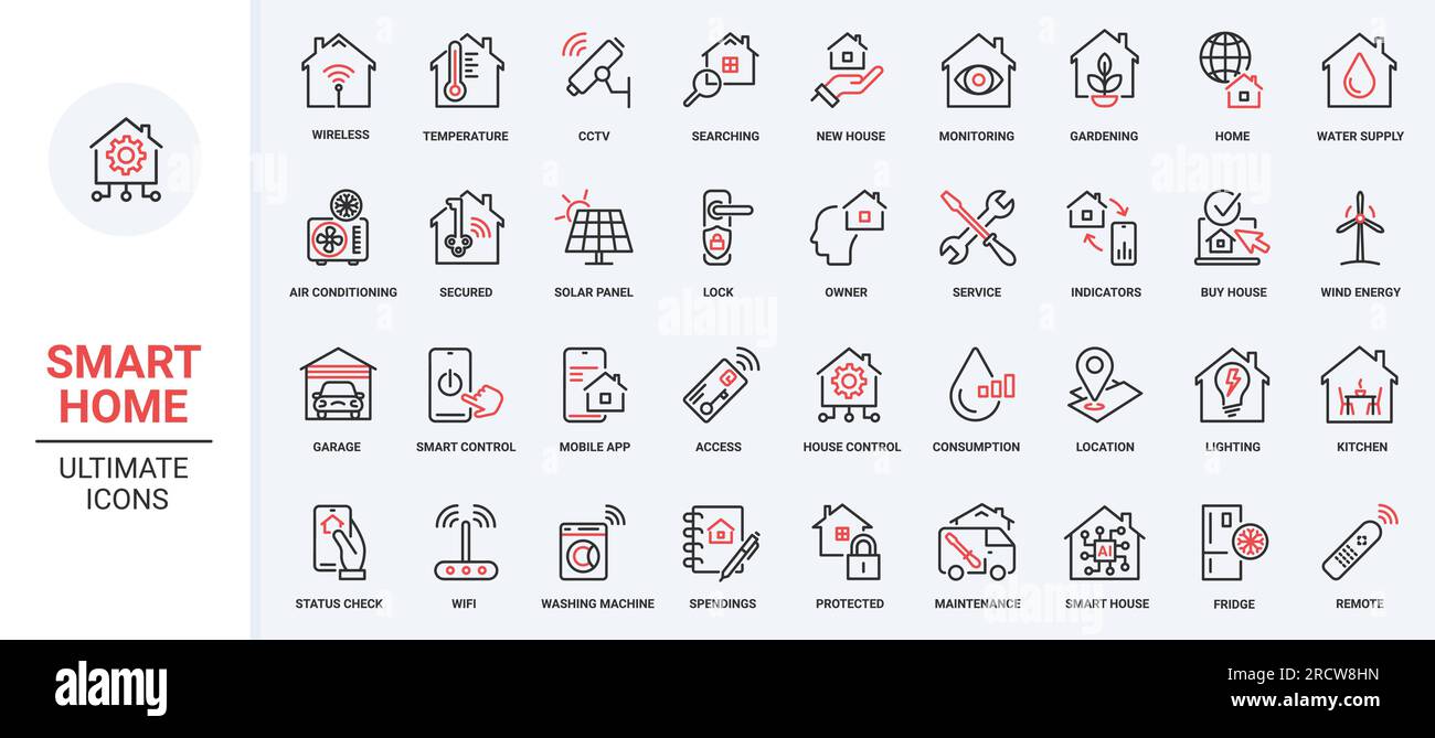 Vector illustration red black thin line icons set smart home devices, virtual reality technology, autonomous lighting automated software to control temperature house, air conditioner drone Stock Vector