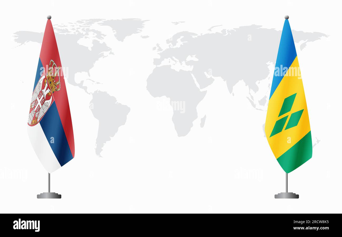 Serbia and Saint Vincent and the Grenadines flags for official meeting against background of world map. Stock Vector