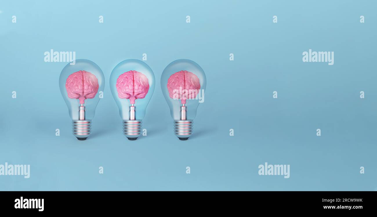 Brain on light bulb illuminated standing out from the crowd on blue background. Human resource management and recruitment business concept.3D renderin Stock Photo