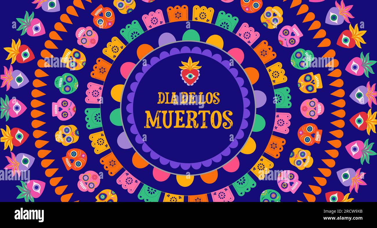 Dia de los Muertos, Day of the dead abstract Mexican background with circles of garlands, paper decorations and flowers Stock Vector