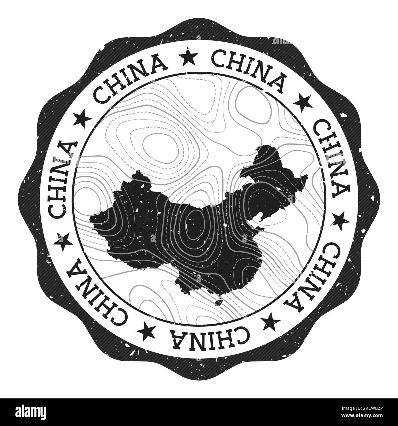 China outdoor stamp. Round sticker with map of country with topographic isolines. Vector illustration. Can be used as insignia, logotype, label, stick Stock Vector