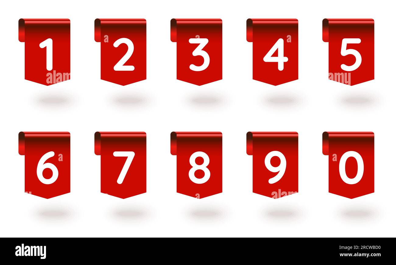 1, 2, 3, 4, 5, 6, 7, 8, 9, 0 number sign tag red ribbon set. Red