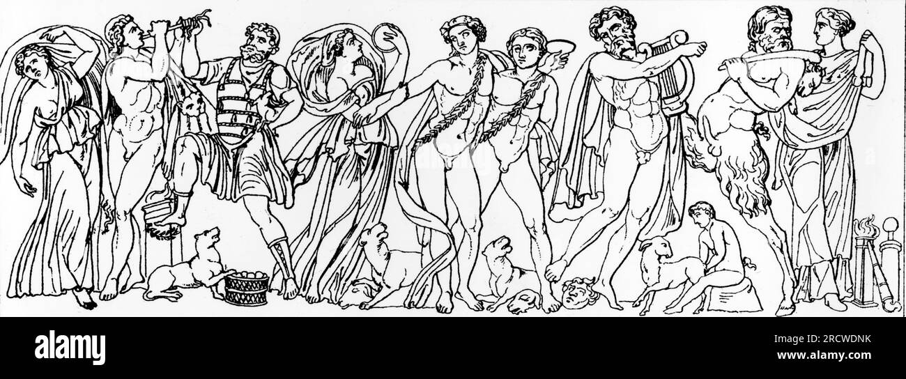 ancient world, Roman Empire, religion, bacchanalia, wood engraving, 19th century, after sarcophagus, ARTIST'S COPYRIGHT HAS NOT TO BE CLEARED Stock Photo