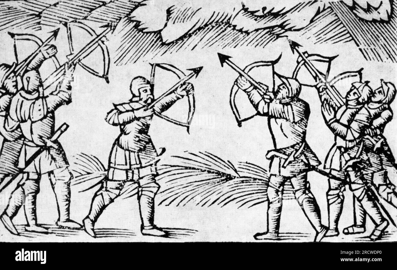 weather, weather shooting, archers are shooting on clouds, to dispel evil powers, woodcut, ADDITIONAL-RIGHTS-CLEARANCE-INFO-NOT-AVAILABLE Stock Photo
