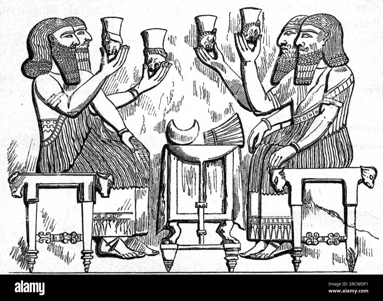 ancient world, Assyria, men at a drinking spree, circa 8th century BC, wood engraving, ARTIST'S COPYRIGHT HAS NOT TO BE CLEARED Stock Photo