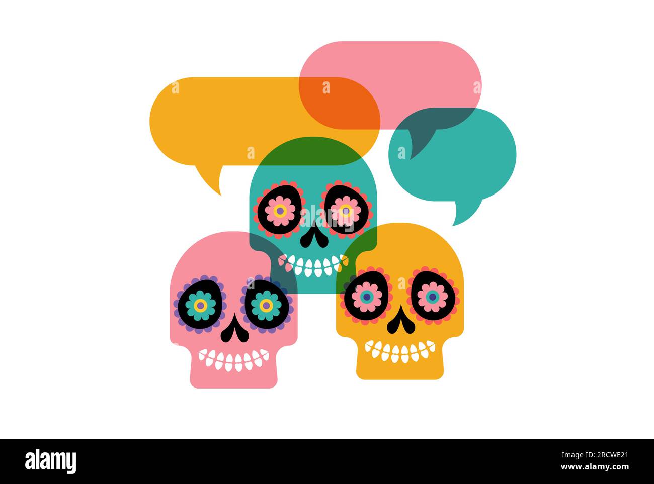 Colorful skulls with speech bubbles, Mexican sugar skulls for Day of the dead, dia de los muertos. Vector illustration Stock Vector