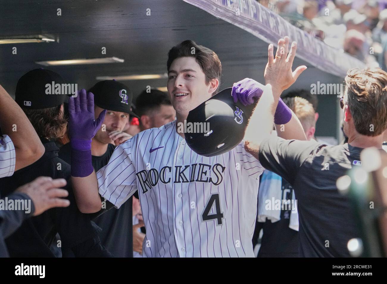 Denver, USA. 16th July, 2023. July 16 2023 Colorado first baseman Michael Toglia (4) hits a homer during the game with New York Yankees and Colorado Rockies held at Coors Field in Denver Co. David Seelig/Cal Sport Medi Credit: Cal Sport Media/Alamy Live News Stock Photo