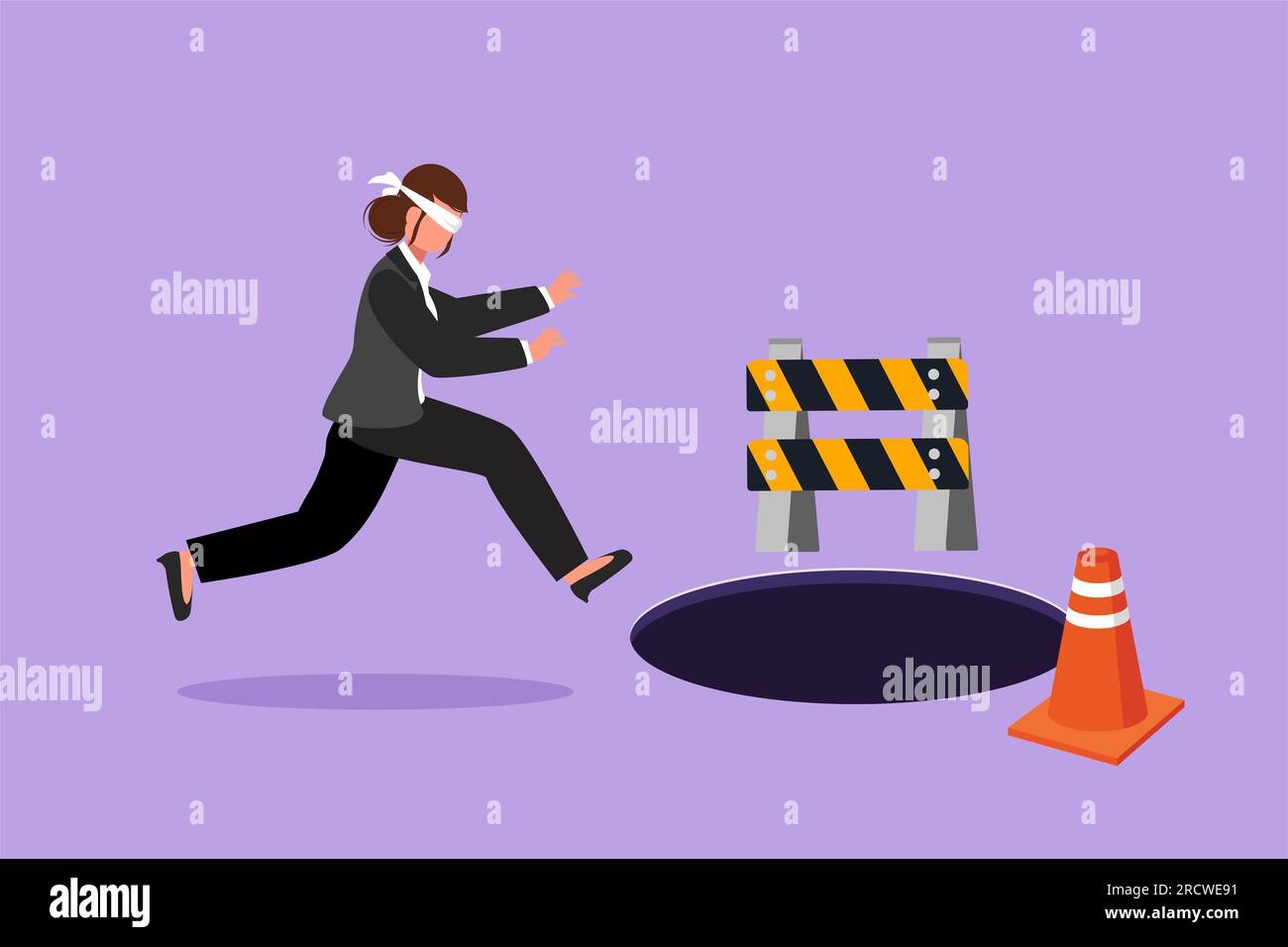 Character flat drawing blindfolded young businesswoman running to find money with pit hole. Female manager runs to business trap. Blind investment met Stock Photo