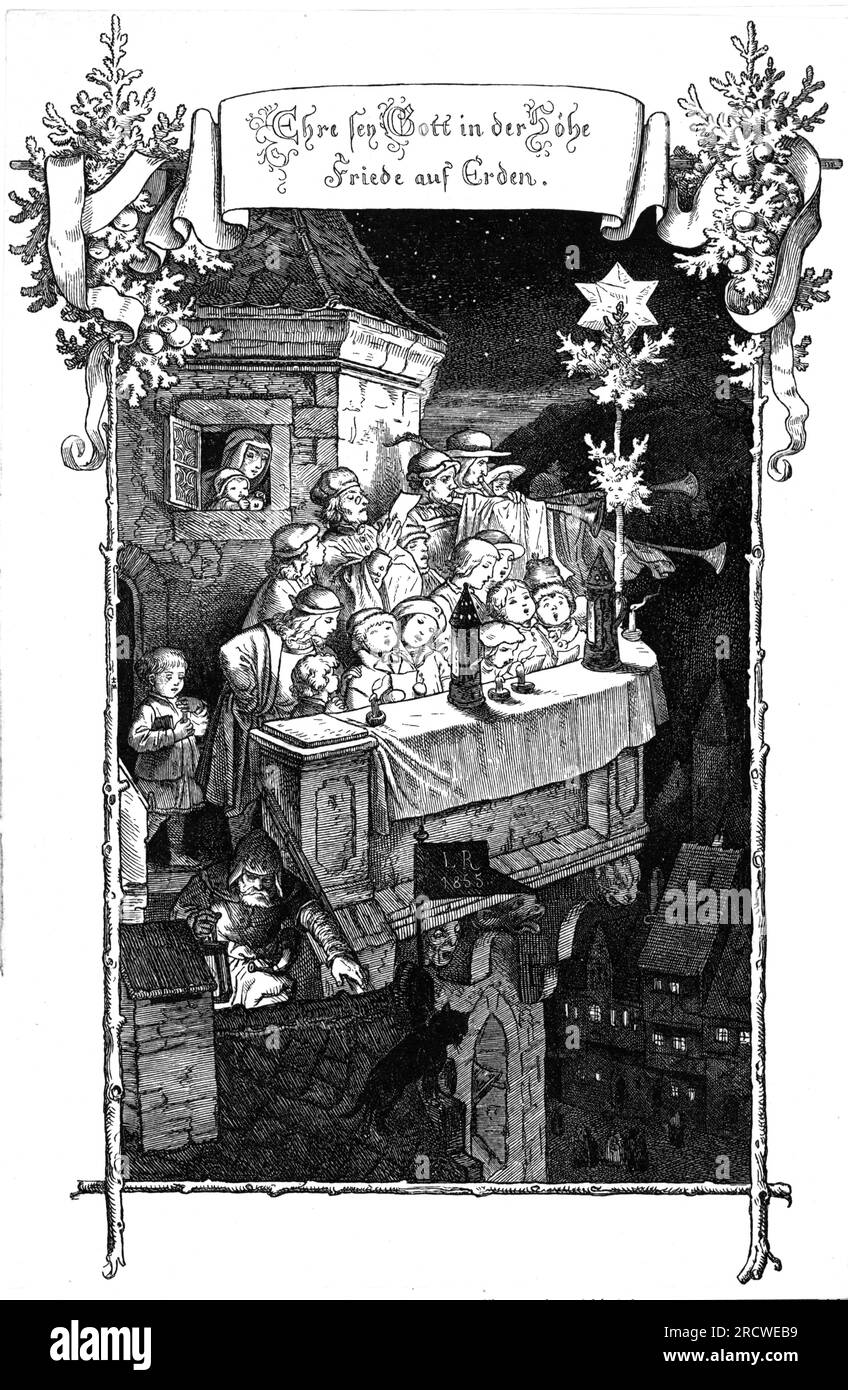 Christmas, carol singing, carol singers, woodcut, by Ludwig Richter (1803 - 1884), 1855, ADDITIONAL-RIGHTS-CLEARANCE-INFO-NOT-AVAILABLE Stock Photo