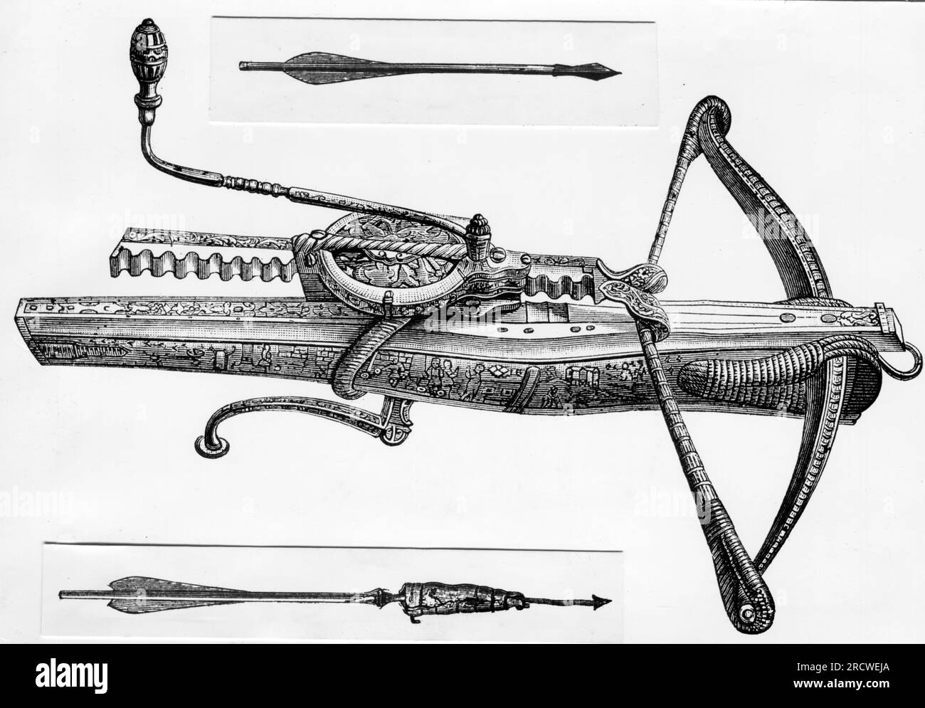 weapons, gun, crossbow, with bolt for warfare and flaming arrow, wood engraving, 19th century, ADDITIONAL-RIGHTS-CLEARANCE-INFO-NOT-AVAILABLE Stock Photo